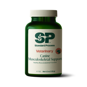 A bottle of Canine Musculoskeletal Support, a powder supplement for dogs’ muscles, ligaments and bone health, next to an image of the powder supplement.