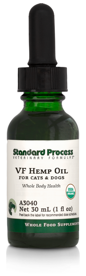 Image of a bottle of liquid VF Hemp Oil from Standard Process Veterinary Formulas next to a dropper that is included with the bottle.