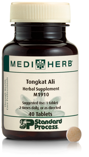 A bottle of MediHerb® Tongkat Ali, a testosterone support supplement for older men, next to a tablet of the supplement.